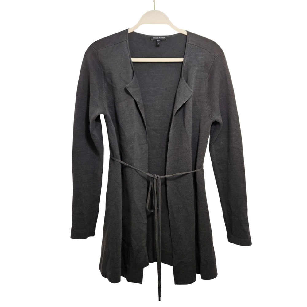 Eileen Fisher Silk Cotton Belted Cardigan Sweater Relaxed Minimalist Boho Grey S